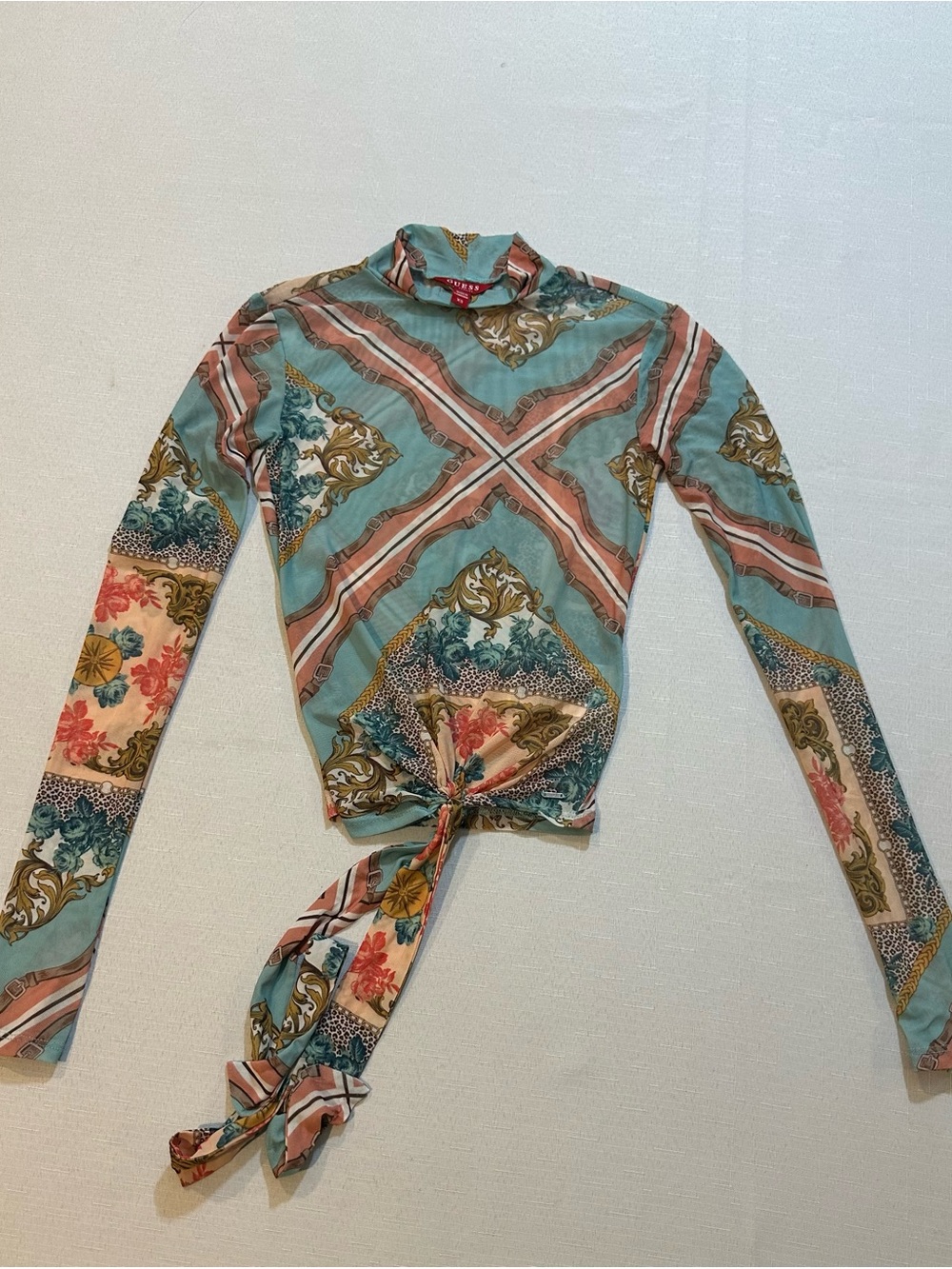 GUESS XS Sheer Mesh Scarf Print Tie Front Top